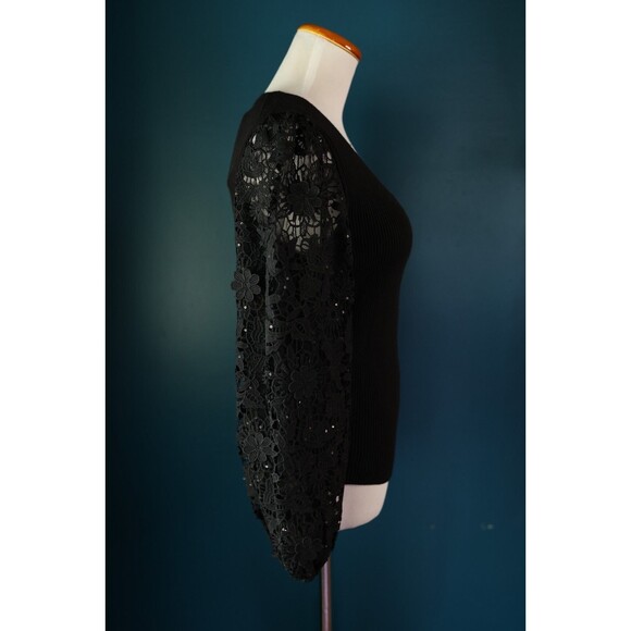 NWT French Connection Black Loa Joss Sequin Balloon Lace Sleeve V Neck Sweater - Picture 11 of 11